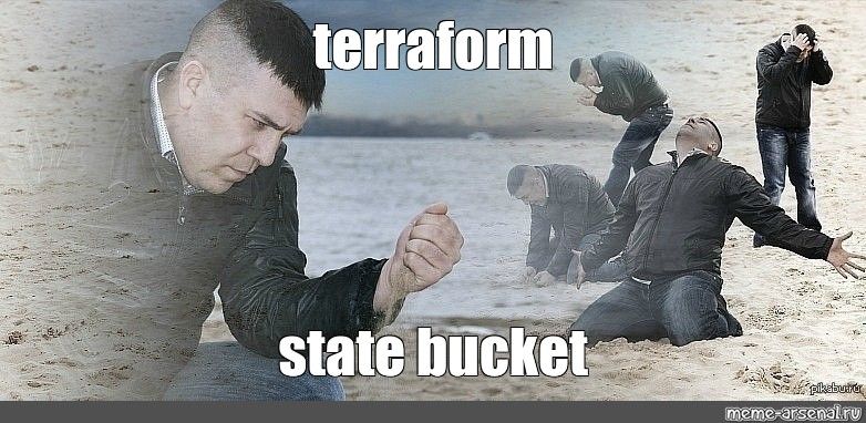 Man on a beach, sand falling between their fingers with the word "terraform" on the top centre, and "state bucket" at the bottom centre